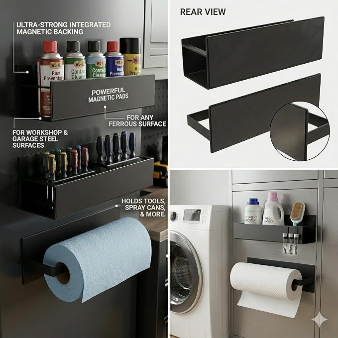 AALFA Magnetic Spice Rack for Refrigerator - Black Fridge Organizer with Paper Towel & Wrap Holder - 4 Bonus Hooks Included - 2 Pack Heavy Duty Side Shelf Storage for Spices, Oils, Foil (Black)