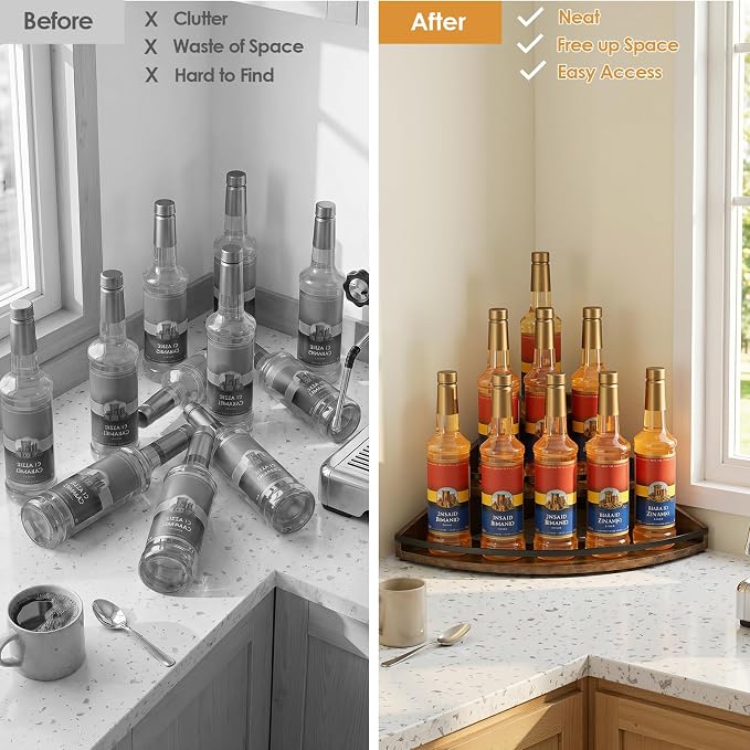 Nuovoware Coffee Syrup Organizer, 3-Tier Corner Syrup Bottles Holder | Guardrail and Non-Slip Mat, Tree-Shaped Countertop Coffee Bar Organizer for Coffee Bar, Home Bar, Brown+Black