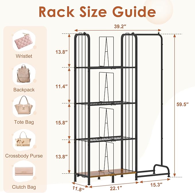 Honkazita 4-Tier Purse Storage for Closet with Adjustable Feet & Dividers, High Capacity Closet Purse Organizer for Small Place Iron & Wood Handbag Storage - Purse Organizer for Closet & Narrow Spaces