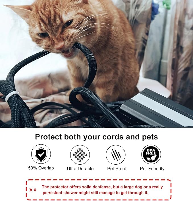 Secbolt Cord Protectors from Pets No Chew, 10ft - 3/8 inch Ultra Durable Cord Covers for Pets, Bite-Resistant Cable and Wire Protector for Cats, Dogs, Rabbits - Black