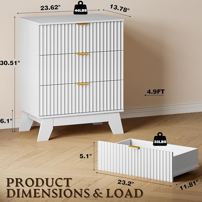 BORNOON Fluted 3 Drawer Dresser, 30.3" Tall Compact Modern Boho Chest of Drawers, Wooden Storage Cabinet for Bedroom, Living Room, Entryway, Curved Profile Design