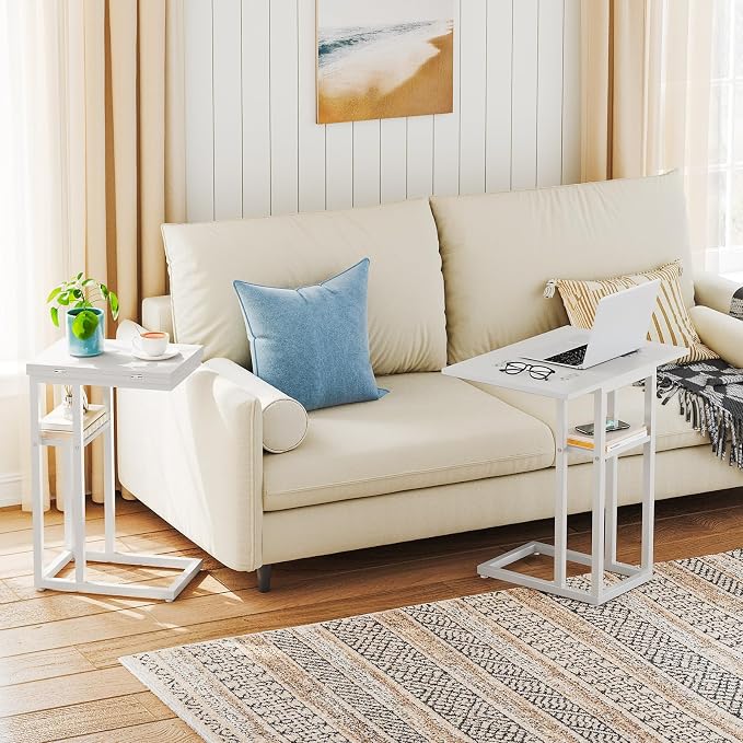HOOBRO Foldable C Shaped End Table, C Shaped Side Table with Storage Shelf, Small Snack Table, Slide Under Couch Table for Sofa, Living Room Bedroom Small Spaces Easy Assembly, White WW29SF01