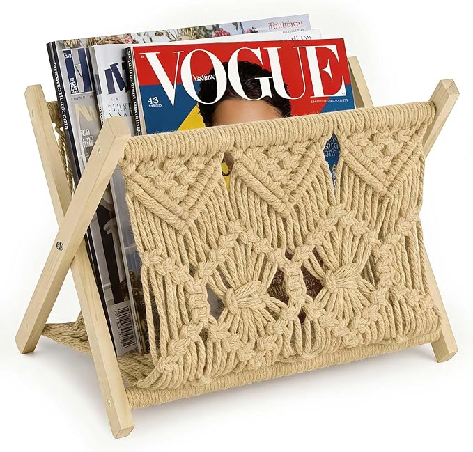 Boho Macrame Magazine Holder,Hand-Woven Magazine Rack for Home Office | Multifunctional Storage Basket for Letters, Magazines, Books and Newspapers