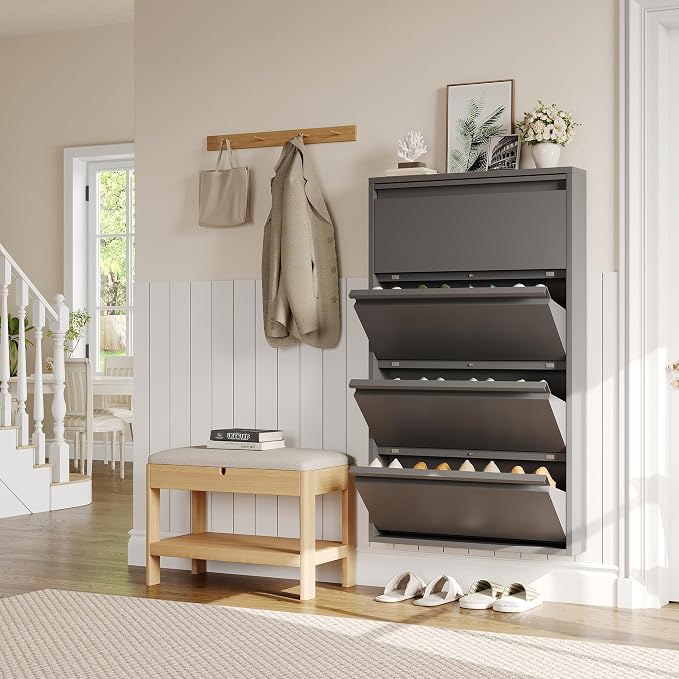 Garvee Slim Metal Shoe Cabinet with 4 Flip Drawers, Narrow Shoe Storage for Entryway, Wall Mounted or Floor Standing, Detachable Bottom Corners for Flexible Placement, Anti-Tip Safety Wall Mount