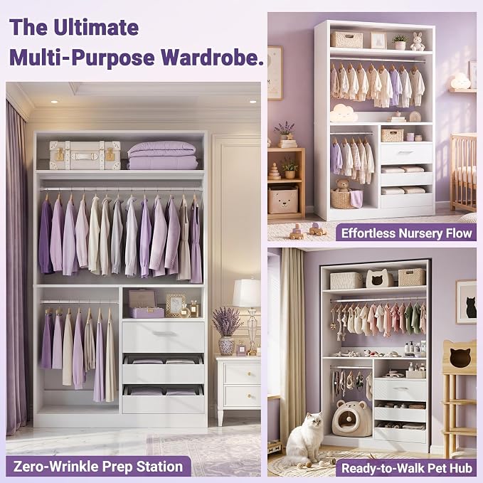 iSunirm 36'' Closet System with Long Hanging Rods, 3FT Modular Closet Organizer System with 4 Shelves, Wood Walk-in Closet with Closed & 2 Half-Open Drawers, 80" H Adjustable Garment Rack, White