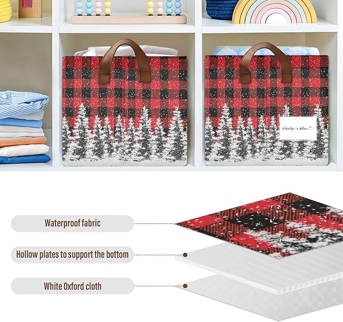 Xmas Tree Red and Black Buffalo Plaid Storage Basket Foldable Cube Storage Bins with Handles&Label Waterproof Organizer Box Bin Large Rectangle Decorative Baskets for Shelves Home Room Laundry