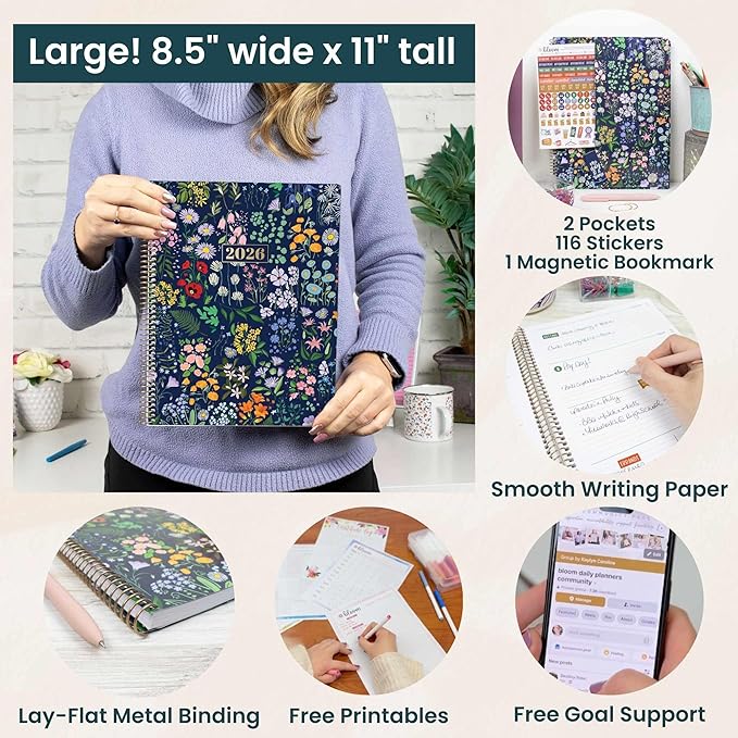 bloom daily planners 2026 Planner (January to December) - 8.5” x 11” Weekly & Monthly Dated Agenda Organizer Book with Stickers & Tabs - Flexible Soft Cover - Garden Party, Navy