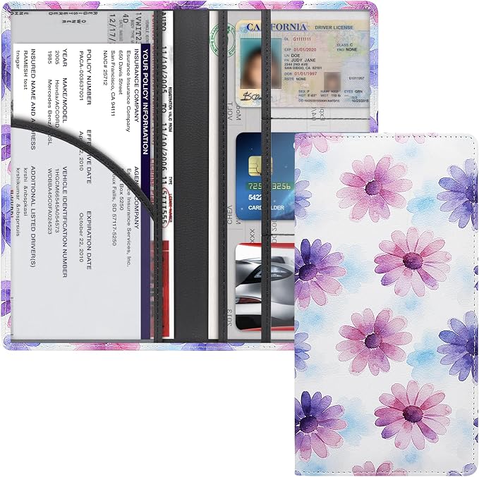 LumiMokki Premium Car Registration & Insurance Card Holder with Magnetic Shut, Vehicle Glove Box Car Organizer - For Documents, Cards, License (Floral B)