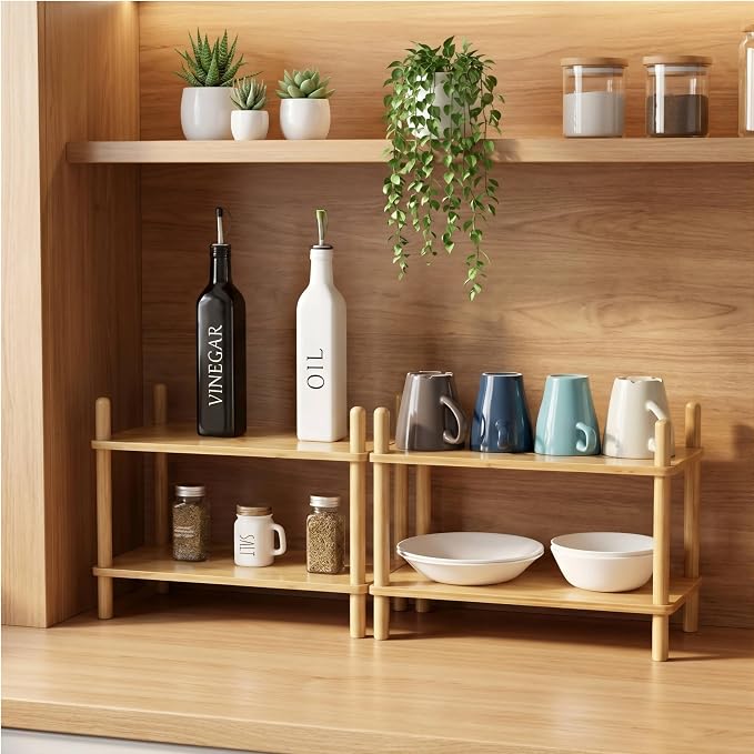 2-Tier Bamboo Coffee Bar Organizer,Coffee Bar Accessories, Mul-tifunctional Wooden Beaded Coffee Station Countertop Stand Shelf for Kitchen Home Office,Counter Riser Display Shelf for Top of Desk Home