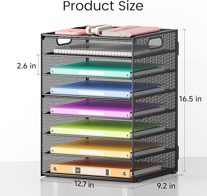 Lavatino 8 Tier Paper Organizer for Desk, Black Mesh Letter Tray File Sorter Organizers with Handles, Including 5 Adjustable Slid Trays for Office School Classroom Supplies Organization and Storage
