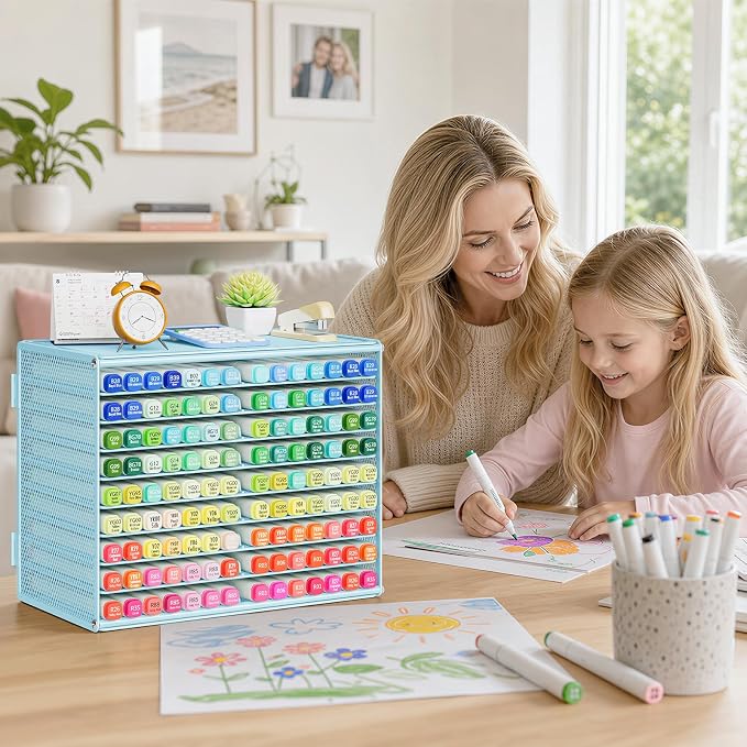 Marbrasse Mesh Marker Organizer, 9-Tier Rack Holds 126 Markers, Blue | Marker Holder, Space-saving Vertical Design, Desktop Storage for Office Classroom & Home Art Supplies