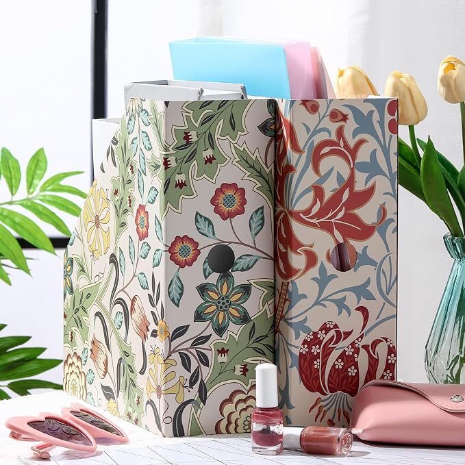 PerKoop 6 Pcs Decorative Magazine File Holders Floral Foldable File Folders Magazine Storage Boxes Rack Desk Organizer Documents with Printable Labels for School Office Home (Floral)