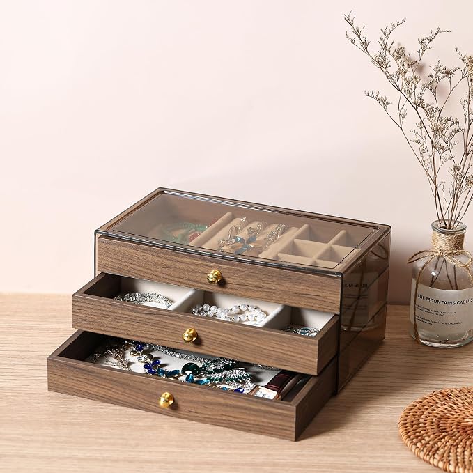 CLUQMEIK 3 Layer Acrylic Case Wooden Drawer Jewelry Organizer with Velvet Lining, Jewelry Box for Women and Girls to Store Rings Earrings Bracelets Necklaces(B)