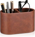 Pen Holder for Desk, Small Remote Control Holder, Brown | 2-Compartment Oval Pencil Cup with Soft Velvet Lining, PU Leather Desktop Organizer Caddy for Home School Office Desk
