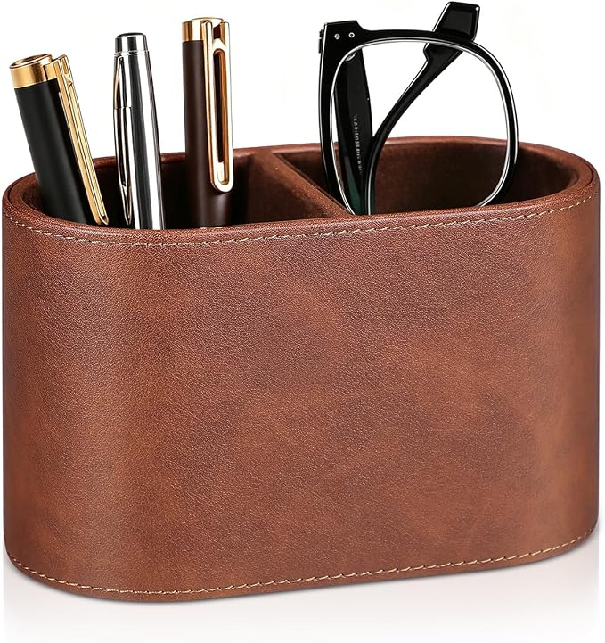 Pen Holder for Desk, Small Remote Control Holder, Brown | 2-Compartment Oval Pencil Cup with Soft Velvet Lining, PU Leather Desktop Organizer Caddy for Home School Office Desk