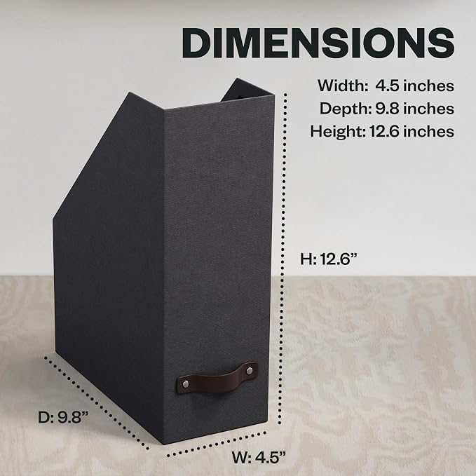 Bigso Estelle Fibreboard Magazine Holder with Leather Handle - Magazine File Holder and Organizer for Papers and Catalogs on Home or Office Desks - W4.4 x D9.8 X H12.7 (inches) - Black