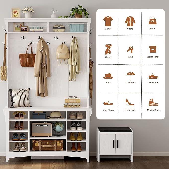 IRONCK 80" H 47" W Large Hall Tree with Bench and Shoe Storage, 6-in-1 Entryway Bench with Coat Rack, Adjustable Shelf, Hanging Hooks, 11 Shoe Cubby, 2 Tier Top Storage for Entryway and Bedroom, White