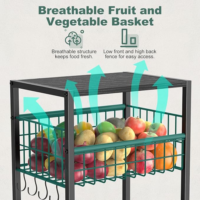 Housolution 5 Tier Kitchen Storage Cart with Fruit Basket Pot Lid Organizer | Versatile Storage, Pull-Out Cutting Board Rack, 4 Lockable Swivel Wheels, Wooden Top, for Kitchen, Pantry, Bathroom, Black