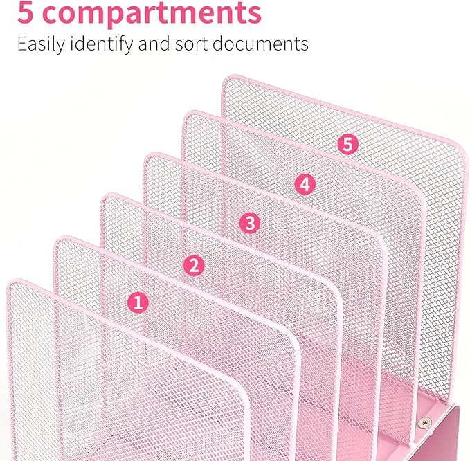 LEKETREE File Organizer for Desk, Desk Organizer with 5-Section Vertical File Rack, Folder Organizer,Workspace Organizers (Pink)