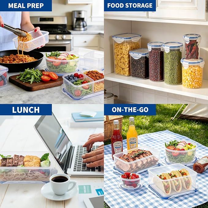 KIGI Square Food Storage Containers with 4-Sided Locking Lid, 30.4 OZ, Leak proof, Ideal for Lunch and Meal Prep, BPA-Free Plastic, 6-Piece, 3.75 Cup