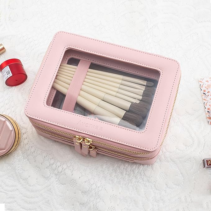 Aveniee XL Clear Makeup Organizer,Double Layer Travel Cosmetic Case with Brush Holder & Zippered Compartments,Big Toiletry Bag for Travel Accessories,2 Layers Large,Pink