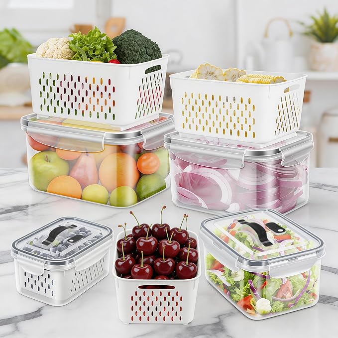 4 Pack Fridge Fruit Storage Containers with Colander, Vent and Handle | BPA Free Plastic, Airtight Stackable Refrigerator Organizer Bins for Berry, Meat, Vegetable