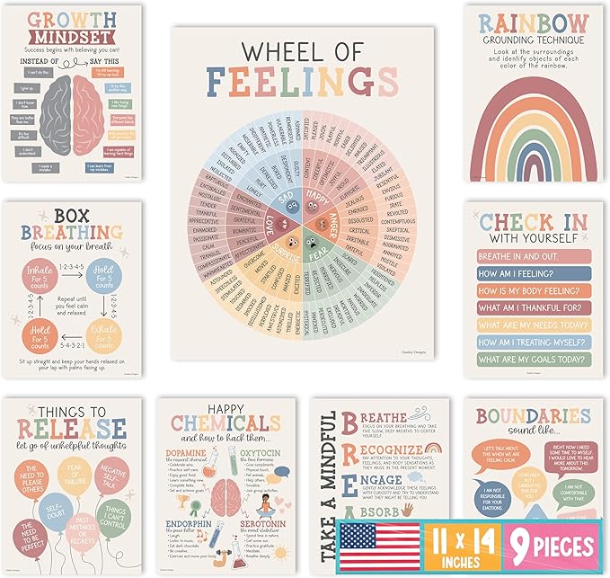 Hadley Designs 9 Mental Health Posters for Classroom - School Counselor Office Must Haves, Mental Health Therapy Office Decor, Growth Mindset Posters, Wheel of Feelings Chart, Boho Classroom Decor
