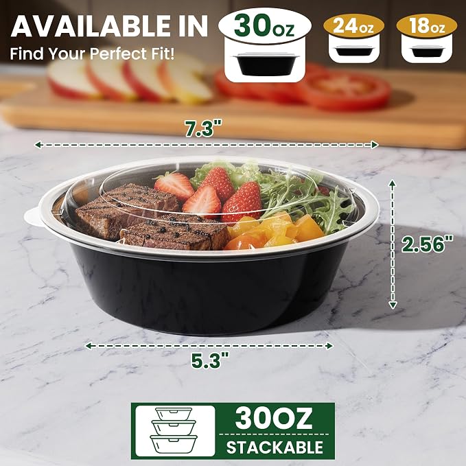 30oz Round 50-Pack Meal Prep Containers Reusable with Lids, To Go Take Out Plastic Food Storage Containers with Lids, Sturdy Leakproof & Food Safe, Microwave Freezer Dishwasher Safe Prep Containers