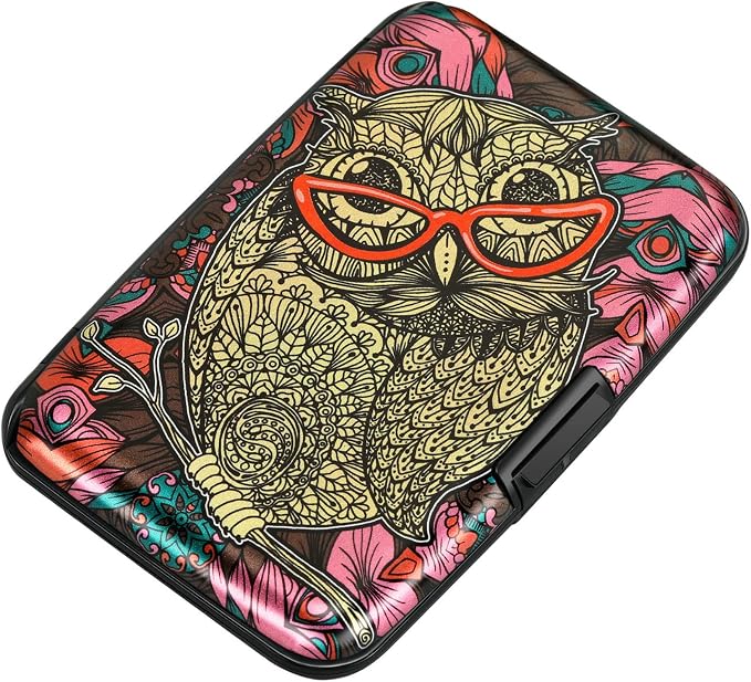 ELFISH Mini RFID Aluminum Wallet Credit Cards Holder Business Card Case Metal ID Case for Men Women(Cute Owl)