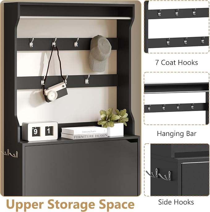 Wodeer Tall Shoe Cabinet with Coat Rack, Hidden Shoe Storage Cabinet with Doors & Drawer, Hanging Bar & Hooks, Slim Narrow Freestanding Shoe Rack Organizer for Entryway, Hallway & Living Room, Black