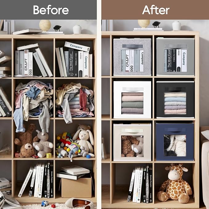 Homsorout Foldable Storage Cubes - Cubby Storage Organizer with Window, Decorative Baskets for Organizing, Fabric Bins for Clothes Storage, Closet Storage Cubes 11inch, Set of 12, Grey