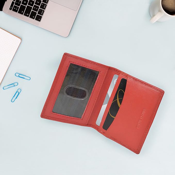Leatherboss Slim Thin Leather Credit Card Id Mini Wallet Holder Bifold Driver's License Safe (Red)