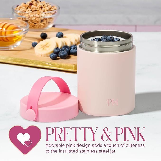 Paris Hilton Insulated Food Jar, Stainless Steel Vacuum Insulated Food Container with Folding Carry Handle, Leak-Proof Lid, 15-Ounce, Pink