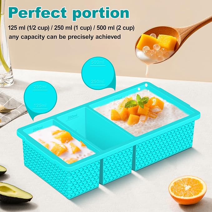 3 Pack - Silicone Freezer Trays with Lid, 1-Cup & 2 Cup Freezer Molds, Silicone Food Storage Containers for Meal Prep, Freezing Soup Sauce, Broth Leftovers