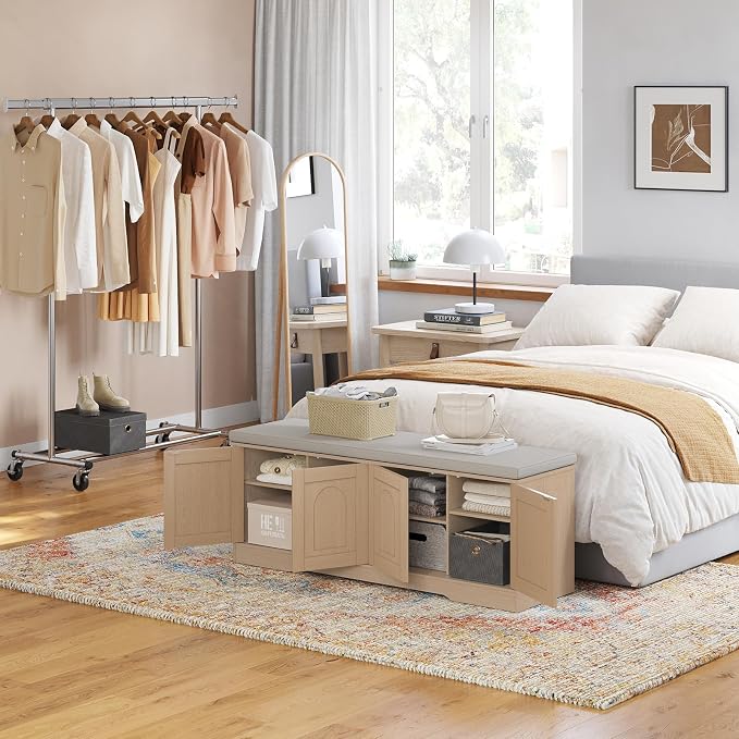DINZI LVJ Shoe Bench, Entryway Storage Bench with Doors, Cushion, 2-Tier Shoe Rack with 8-Cubby, 47.2”L x 13.8”W Shoe Organizer Cabinet, Adjustable Shelf, Living Room, Bedroom, Natural