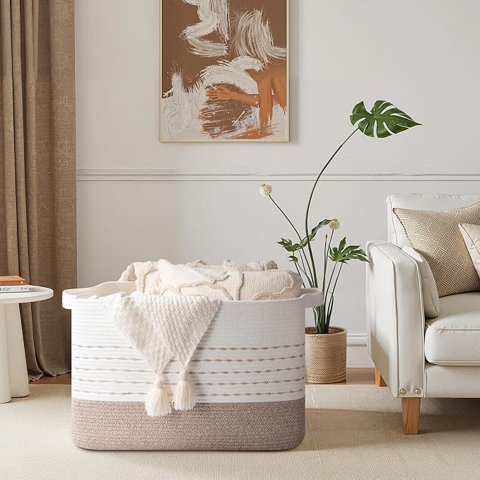 OIAHOMY 108L Extra Large Blanket Basket, 25”x16”x16” Rectangle Woven Cotton Rope Baskets for Living Room, Toy Storage with Handle- Gradient Light Brown