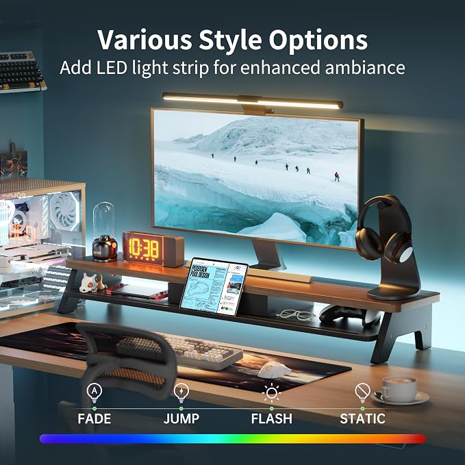 AFOOYO Dual Monitor Stand Riser,LED 2-Tier 39.3 Inch Computer Monitor Stand for 2 Monitors,Office Desktop Organizer with Storage Drawer and Phone Holder for Laptop,PC,Computer,Printer,Walnut