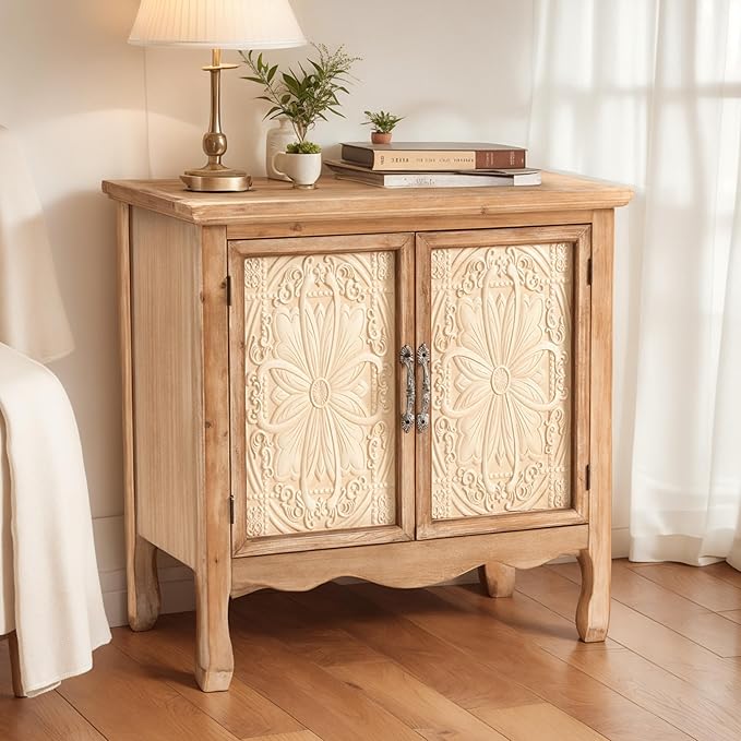 RoyalCraft Sideboard Buffet Kitchen Storage Cabinet, Solid Wood Credenza Accent Cabinet, Cupboard Console Table with 2 Craved Decorated Doors for Dining Room, Living Room, Hallway (Natural)