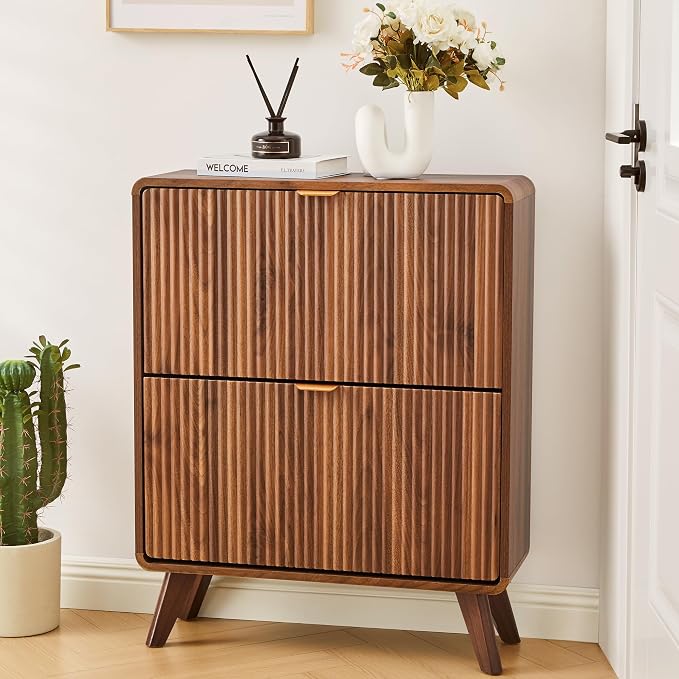 RARZOE Fluted Shoe Cabinet for Entryway, 27.5''Walnut | Narrow Curved Shoe Storage Cabinet with 2 Flip Drawers, Slim Shoe Rack Organizer for Foyer, Hallway, Fits Size 11 Shoes