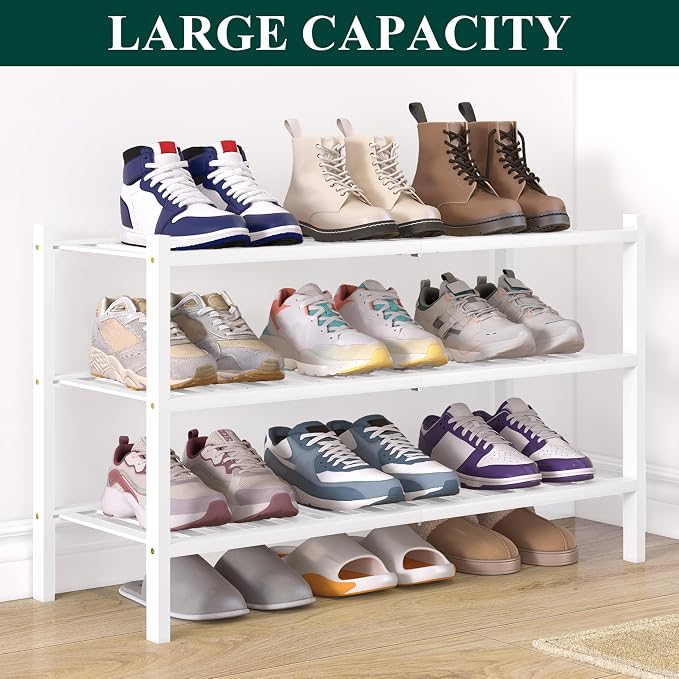 Smiry Bamboo Shoe Rack for Closet, 3 Tier Wooden Shoe Organizer, Stackable Wood Shoe Storage Shelf for Entryway, 14 Vertical Slats, One-piece Heavy-Duty Legs, 26.77"x11.02"x18.31", White