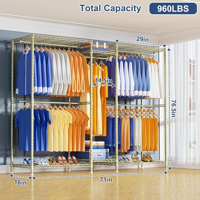 Ulif E12 Pro Clothes Rack，Heavy Duty Freestanding Garment Rack with Shelves，Metal Clothing Closet Storage System for Hanging Clothes，71" W x 16" D x 76.5" H, Hold 960 lbs，Gold