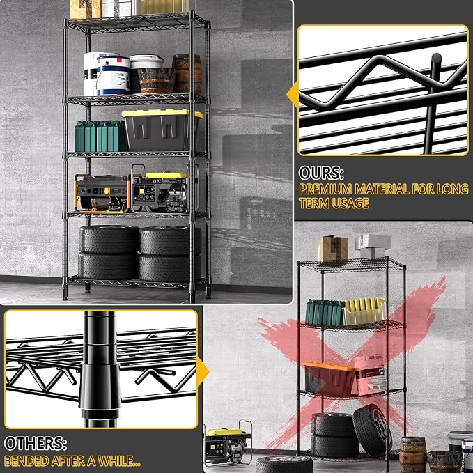 M MZG 1250 lbs 5 Tier Shelf Metal Storage Shelves Shelving Wire Rack Heavy Duty Closet Organizers for Garage Kitchen Bathroom Laundry Black 15.7" D x 33.5" W x 68.5" H