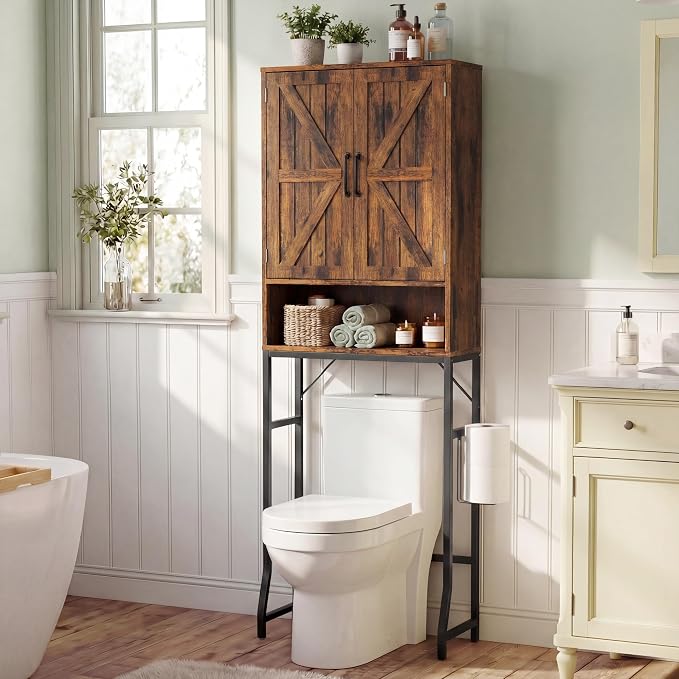 23.6" Over The Toilet Storage Cabinet with Barn Door,Bathroom Organizers and Storage with Adjustable Shelves, Farmhouse Over Toilet Organizer for Bathroom,Restroom,Laundry,Brown