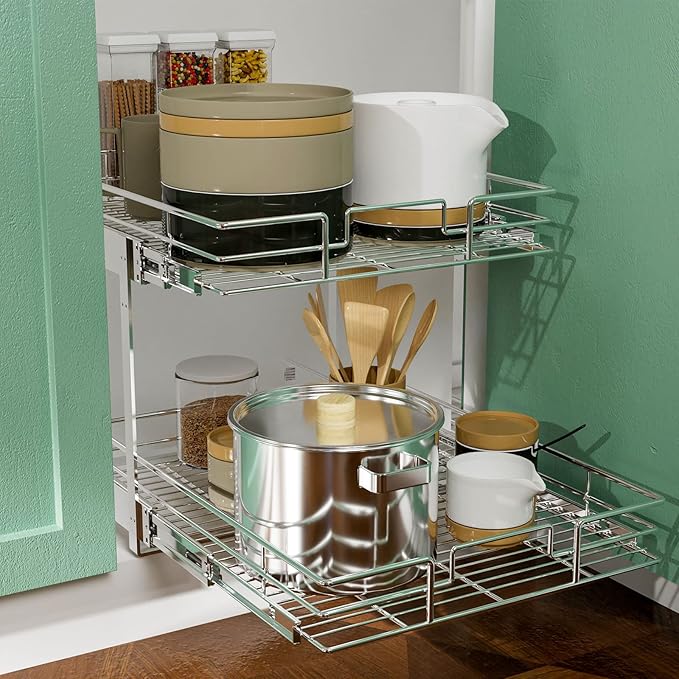 LOVMOR 2 Tier Individual Pull Out Cabinet Organizer 10½" W x 21½" D, Slide Out Kitchen Cabinet Storage Sliding Shelves