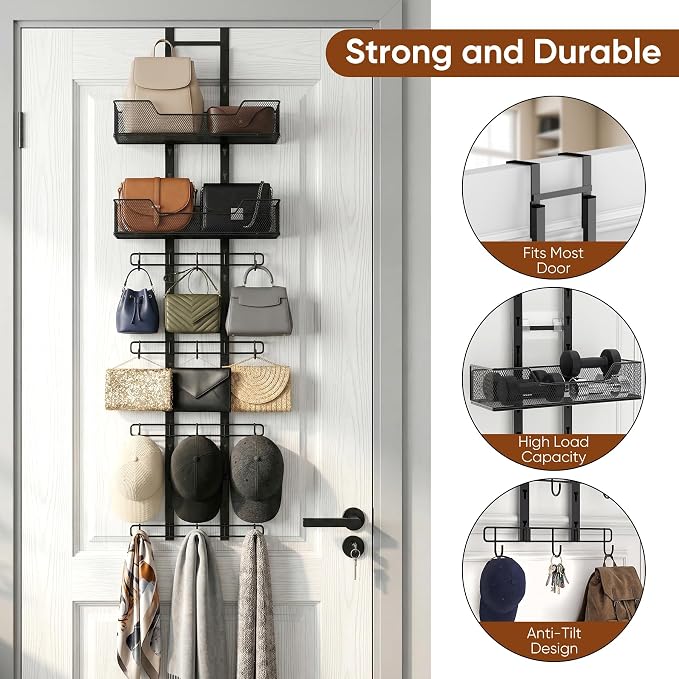 Over The Door Purse Organizer, Easy Installation Handbag Rack (Black) | No-Tool Setup | Foldable Space Saver | 12 Adjustable Metal Hooks | Dual Basket Storage | Stable Anti-Tilt Design | Bag Hanger