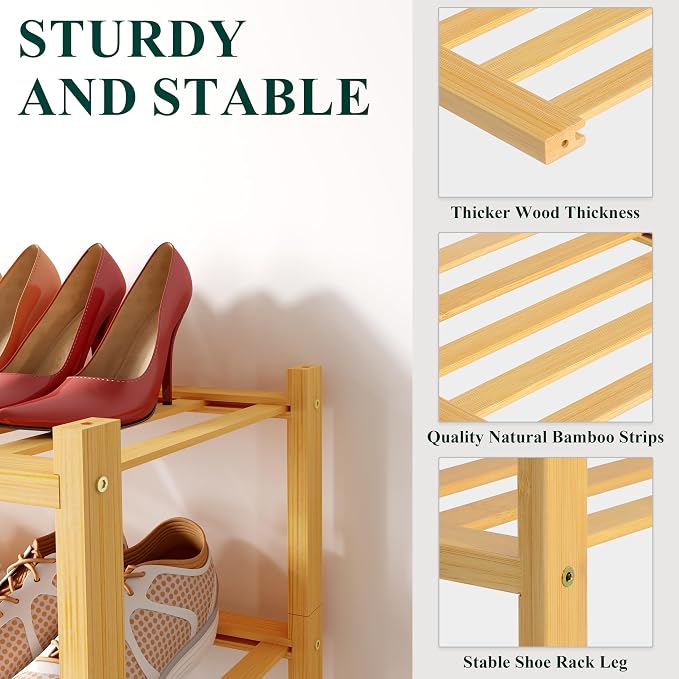 Smiry Small Bamboo Shoe Rack, 4 Tier Free Standing Wooden Shoe Organizer, Stackable Wood Shoe Storage Shelf for Closet, Entryway, 12 Vertical Slats, 2+2 Stack Standard Legs, 17.3"x11"x26", Natural