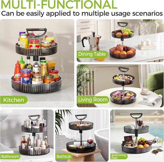 2-Tier Rotating Organizer with Handle – Adjustable Shelf, 360° Lazy Susan Turntable for Kitchen Countertop, Bathroom, Pantry – Multi-Functional Storage for Spices, Cosmetics, Snacks, Fruits