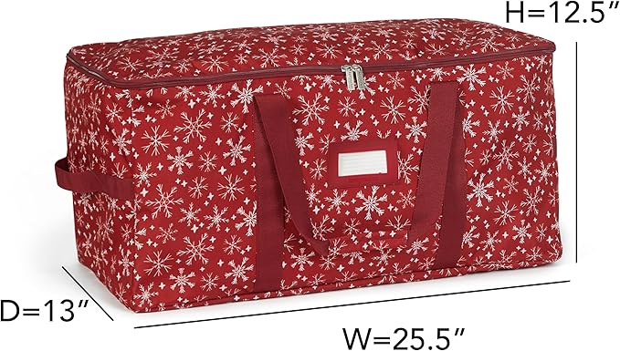 Covermates Keepsakes Adjustable Ornament Storage Bag – Heavy-Duty Polyester, Padded Dividers & FlexGrid Trays – Protective Holiday Ornament Organizer with Handles & Label Window, Red Snowflake