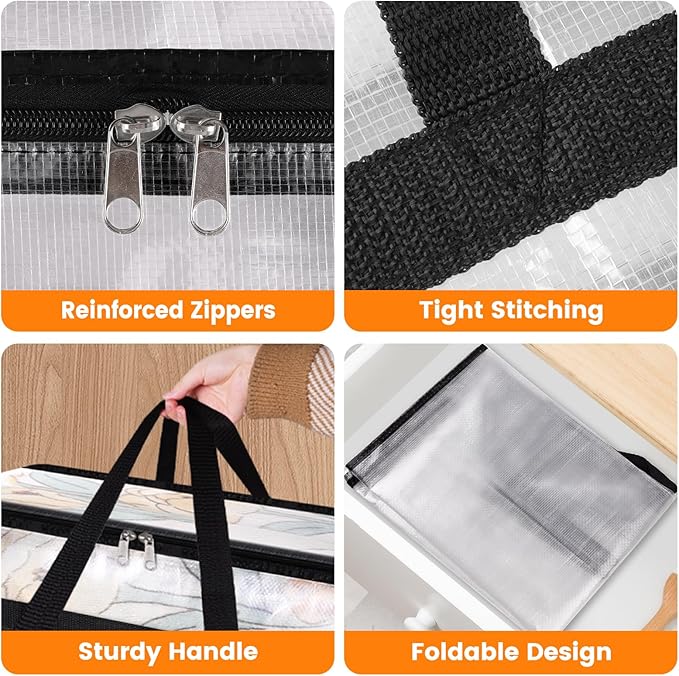 BlissTotes Moving Bags 40L 4PCS, Clear Clothes Storage Under Bed Storage | Foldable Clothes Storage Bags with Sturdy Zippers & Handles for Comforter, Bedding, Books, Sheet, Transparent Containers