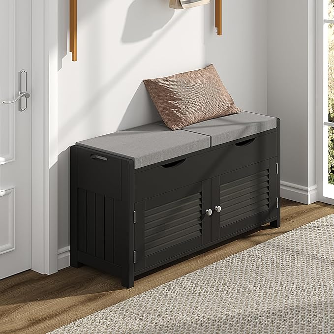 ChooChoo Shoe Storage Bench with Lift Top Storage & Cushioned Seats | 29.5" Entryway Bench with 3 Compartments & Adjustable Shelf, for Entryway, Black